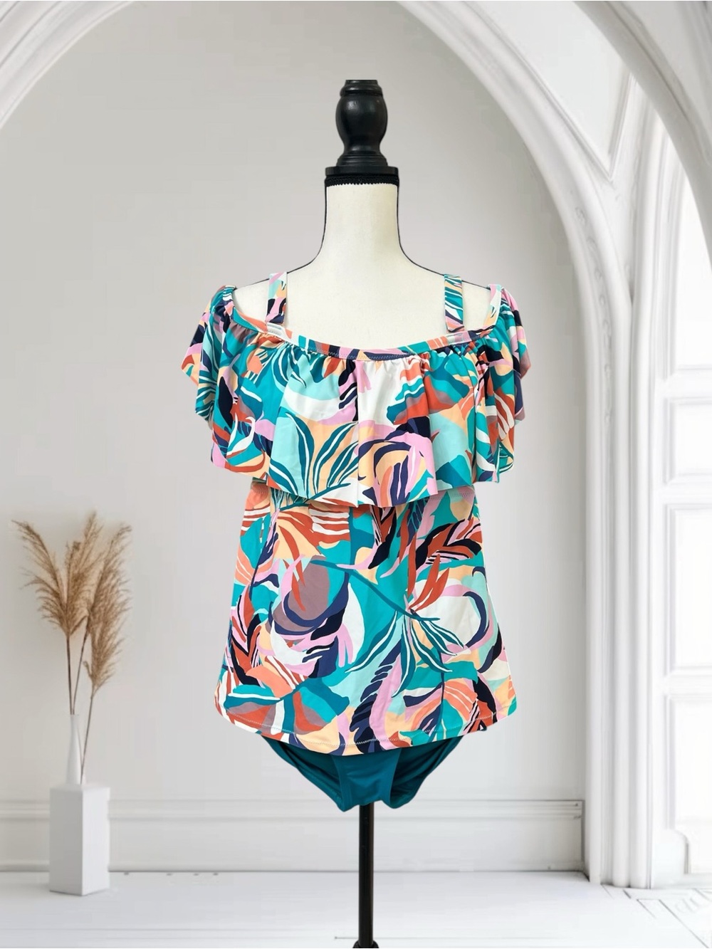Off-Shoulder Tropical Print Swim Camisole - Teal Multi